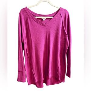 Wildfox Magenta Pink Waffle Knit V-Neck Long Sleeve Top‎ Cozy Casual Sz L